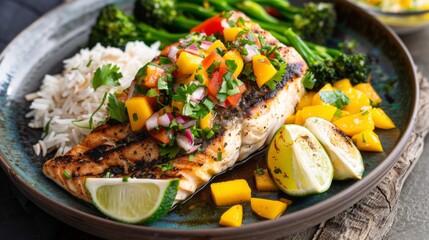 Wall Mural - A grilled fish steak served with a vibrant mango avocado salsa, accompanied by coconut jasmine rice and grilled broccolini