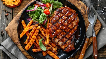Wall Mural - A grilled pork steak served with a tangy pineapple barbecue sauce, accompanied by sweet potato fries and a fresh garden salad