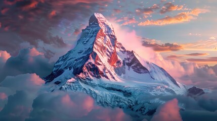 Wall Mural - A snow-capped mountain peak glowing in the light of the rising sun. 8k, full ultra HD, high resolution, cinematic photography
