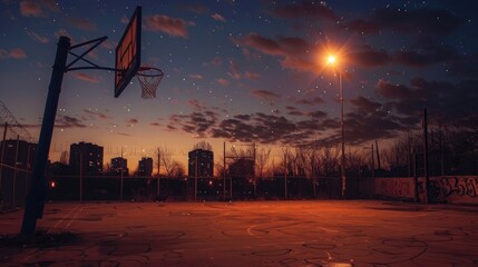 Wall Mural - A solitary basketball court beneath the twilight sky, illuminated by the glow of city lights, echoing the whispers of countless victories past.