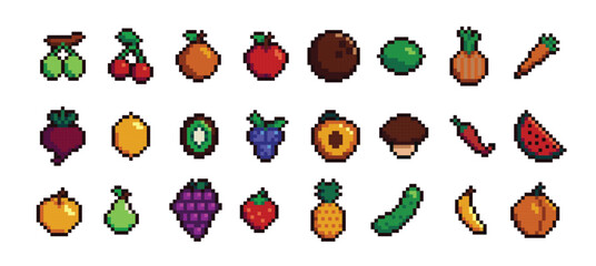 Retro pixel art food isolated icons with 8bit pixel fruits and vegetables. Vintage 8 bit console game asset, computer arcade vector items set with berries and exotic fruits