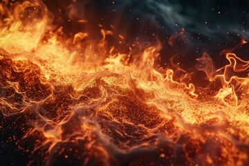 Poster - Dynamic digital art of fiery abstract wave background with vibrant orange and red flames. Creating a glowing and incandescent inferno illustration. Perfect for wallpaper and artistic backdrop designs