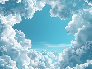 Poster - Whimsical Cloud Frame with Soft Fluffy Edges on a Serene Sky Blue Background