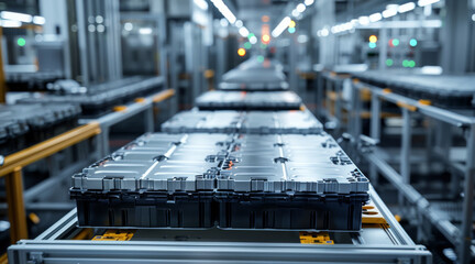 Poster - Electric vehicle battery cells are assembled on a mass production line. Generative AI.