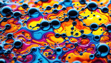 Poster - Close-up of a mesmerizing abstract artwork featuring vibrant, swirling liquids in hues of blue, purple, orange, and yellow, interspersed with large, glossy black bubbles
