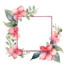 Wall Mural - Watercolor floral frame with pink flowers and green leaves on a white background. Digital art of brown square picture frame decorated with light pink pastel flower. Romantic botany concept. AIG35.