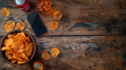 Wall Mural - High-definition image of a wooden kitchen table with open space, can of soda, bowl of chips, top down view