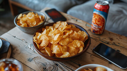 Wall Mural - High-definition image of a wooden kitchen table with open space, can of soda, bowl of chips, top down view