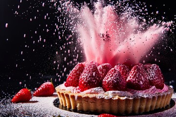 Poster - Food photography, powerful explosion of pink powdered sugar on a fruit tart with fresh strawberries