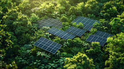 Poster - Solar panels installed in a lush, green forest. aerial view, showcasing the contrast between the advanced technology of the solar panels and the dense, vibrant greenery of the forest. Generative AI.