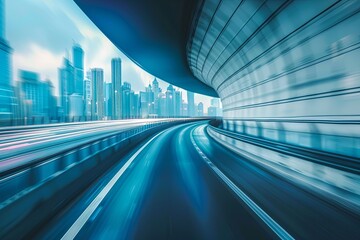 Canvas Print - high way with a wide futuristic road going through a tunnel, A sense of speed, View from a tunnel, futuristic city skyline