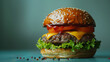 © thecreativesupplies - Wide-angle shot of a delicious hamburger with cheese on blue background