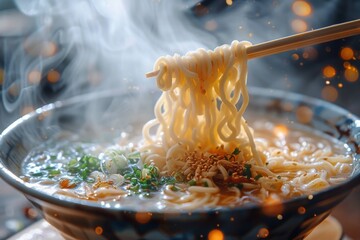 Wall Mural - Chopsticks Holding Steaming Ramen Noodles