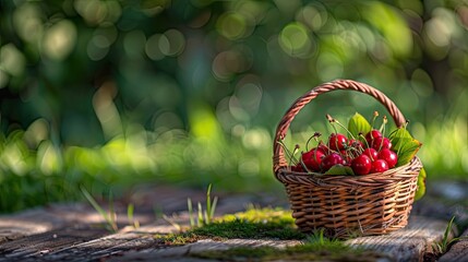 Wall Mural - A Basketful of Summers Bounty: Cherries Resting on a Wooden Plank