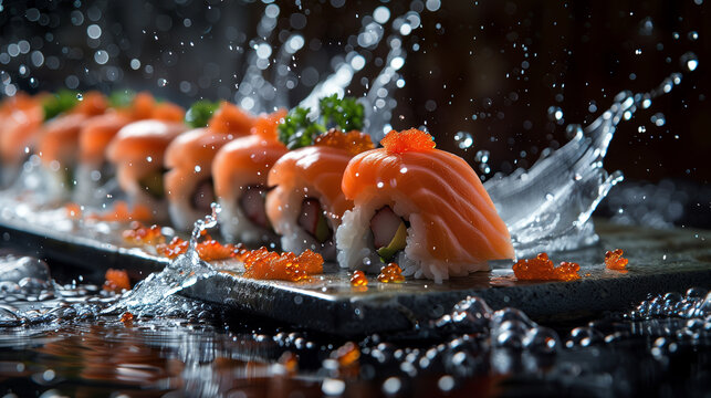 Food advert with dark background, splashing water droplets, featuring fine seafood sushi