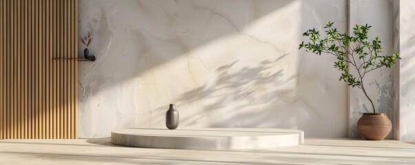 Wall Mural - Minimal modern product display podium with a plant and sunlight shining through window