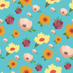 Wall Mural - Flat flowers illustration seamless pattern background