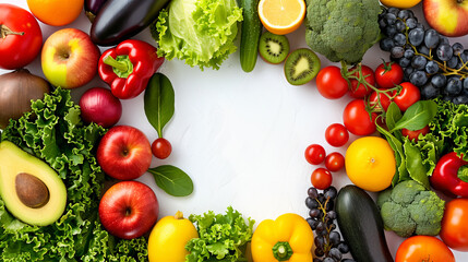 Wall Mural - Fruits and vegetables of various colors arranged on the right and left of a white background, sharp focus, high quality, clear light