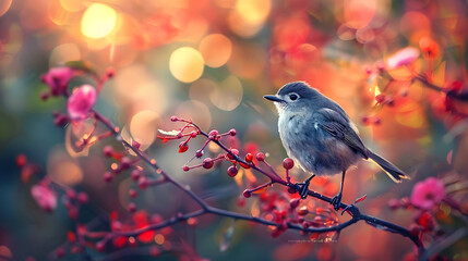 a bird perched on a branch with a vibrant big bokeh in the background. shallow depth of field. beaut