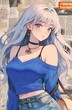 © MAN - A cute girl with silver hair, wearing a blue top and jeans in the style of anime aesthetic fashion art