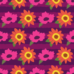 Wall Mural - Seamless floral pattern on purple stripes background