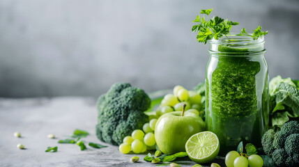 Wall Mural - Green vegetable smoothie in a glass jar with broccoli, apples, grapes and lime