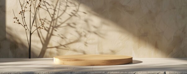 Wall Mural - Minimalist scene with a round wooden podium on a white stone table with sunlight casting a plant shadow on a beige wall