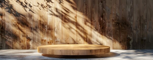 Wall Mural - Wooden podium casting shadow on concrete floor with wooden wall background, perfect for showcasing products