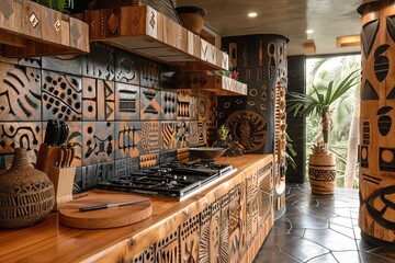 Wall Mural - This image depicts a cozy traditional Asian kitchen, featuring wooden beams, clay pots, and hand-painted tiles, creating a warm and inviting atmosphere that embraces cultural heritage and rustic charm