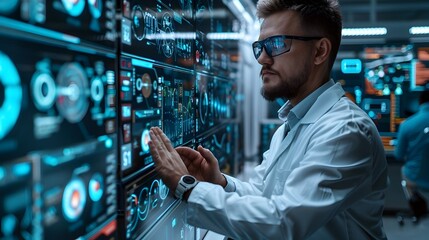 Poster - Scientist Examining Advanced Digital Displays in High Tech Laboratory