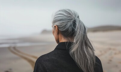 Wall Mural - A woman with grey hair looking at the sea coastline