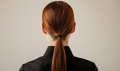 Wall Mural - A woman with mahogany hair styled in a sleek ponytail, back view