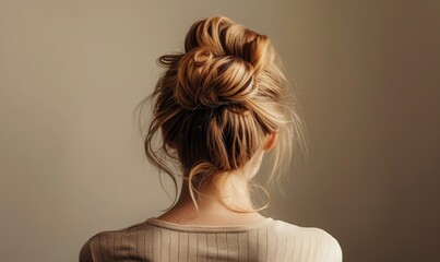 Wall Mural - A woman with sandy blonde hair, tied back into a messy bun, back view