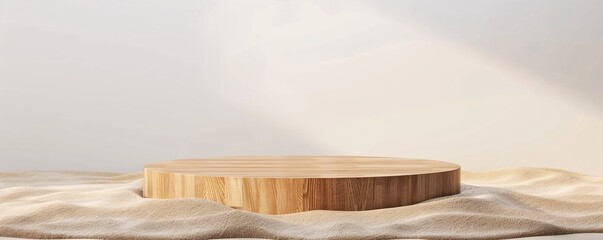 Wall Mural - Minimalistic showcase with empty round wooden podium on sand with sunlight background for product placement