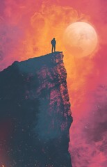 Wall Mural - A person standing on the edge of an enormous cliff, gazing at the sky with determination and hope. The background is a beautiful sunset, casting warm hues across the landscape