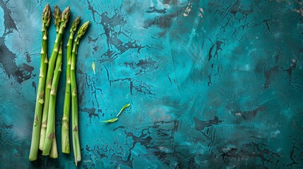 Wall Mural - Fresh green asparagus on rustic turquoise background