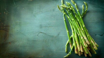 Fresh green asparagus on rustic blue background