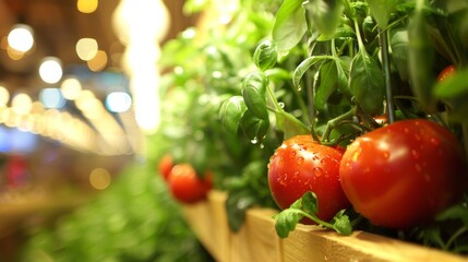 Wall Mural - Fresh tomatoes and basil on wooden ledge against blurred lights