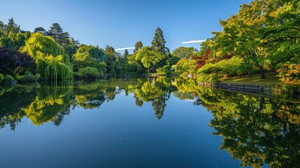 Wall Mural - A tranquil garden pond reflecting the surrounding trees and sky.