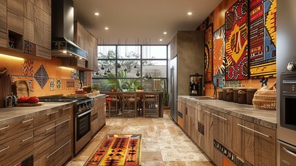 Wall Mural - This image depicts a cozy traditional Asian kitchen, featuring wooden beams, clay pots, and hand-painted tiles, creating a warm and inviting atmosphere that embraces cultural heritage and rustic charm