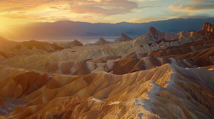 Wall Mural - Sunset over dramatic rock formations in a desert landscape