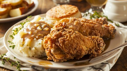 A plate of crispy fried chicken served with mashed potatoes, gravy, and buttery biscuits, a classic Southern comfort food dish that's beloved across the United States