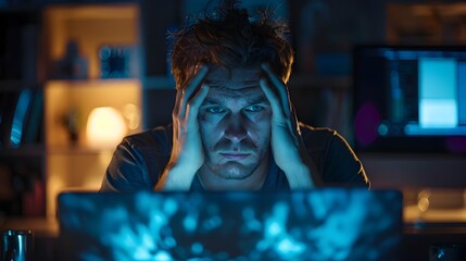 Poster - Exhausted Man Rubbing Eyes at Computer Screen Working Late at Night