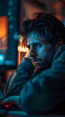 Poster - exhausted professional staring at computer screen in dimly lit office at night