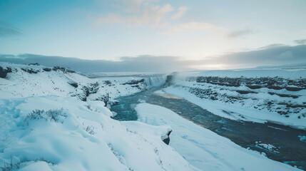 Wall Mural - Snow-covered winter landscape with river and waterfall