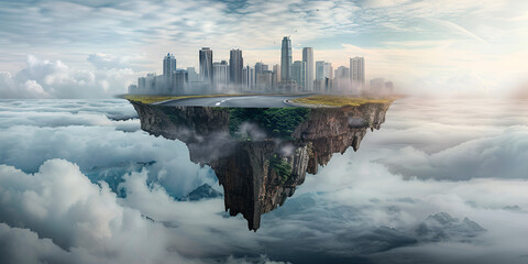  island floating in a body of water with a city skyline on top The island is surrounded by clouds and a body of water.
