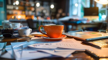 Poster - Cluttered Desk with Scattered Coffee Cups and Paperwork Showing Exhausted Late Night Work