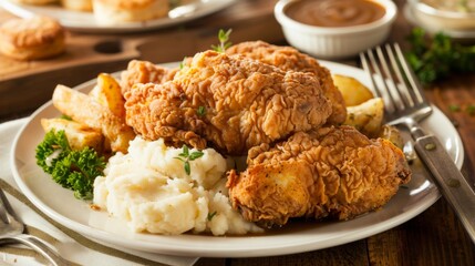 A plate of crispy fried chicken served with mashed potatoes, gravy, and buttery biscuits, a classic Southern comfort food dish that's beloved across the United States