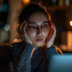 Poster - overworked professional woman rubbing temples amid late night workload