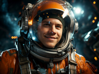 Aufkleber - Smiling astronaut in orange space suit, realistic style, on a bokeh lights background, concept of space exploration. Generative AI